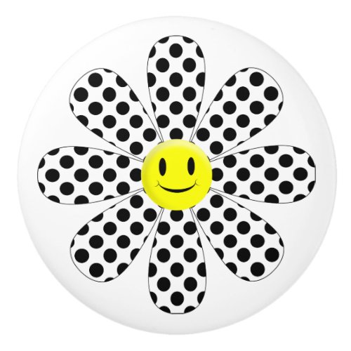 Black and White Polka Dot Happy Face Flower Ceramic Knob
