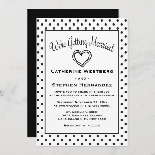 Black And White Polka Dot Heart Wedding Invitation (Front/Back)