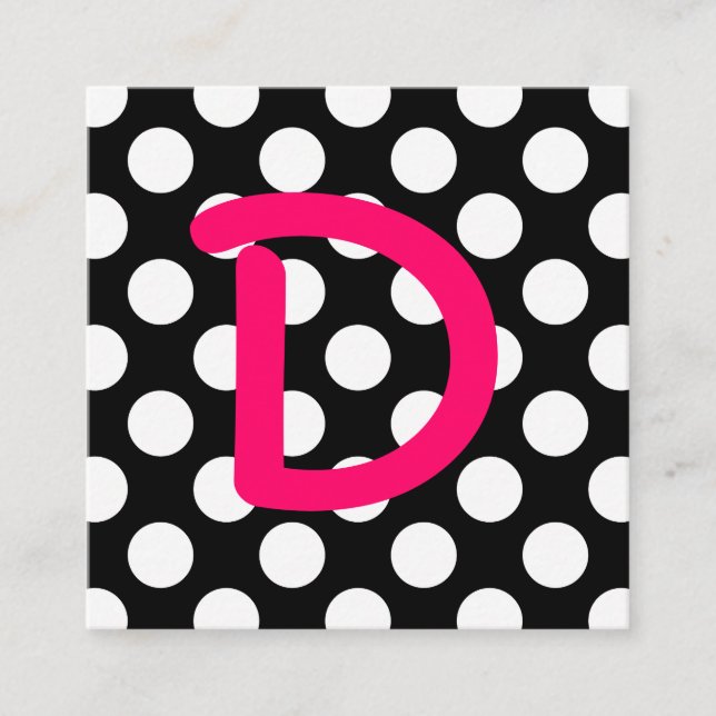 Black and White Polka Dot Hot Pink Monogram Square Business Card (Front)