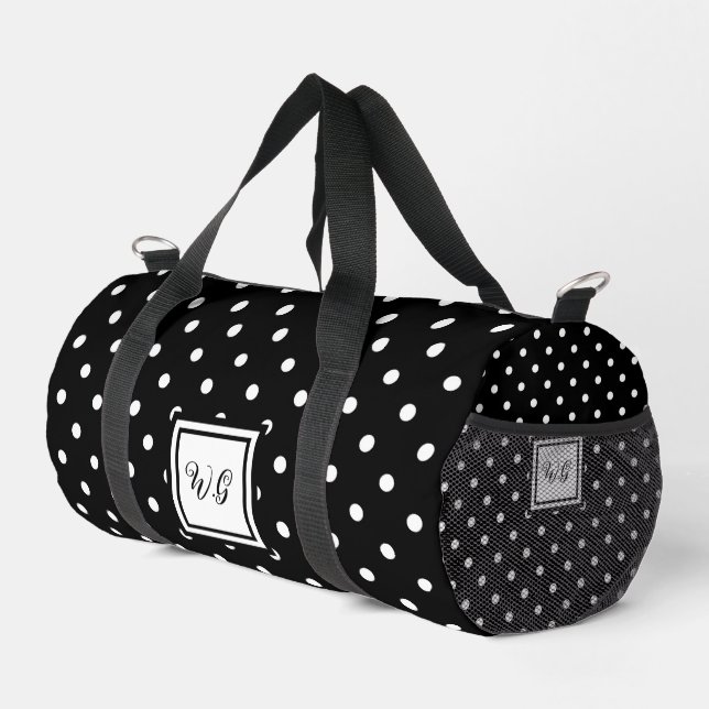 Black and white polka dot initials pattern girly duffle bag (Right Corner)