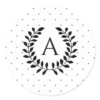 Black And White Polka Dot Laurel Wreath Monogram Classic Round Sticker