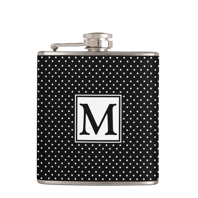 Black and White Polka Dot Modern Monogram Flask (Front)