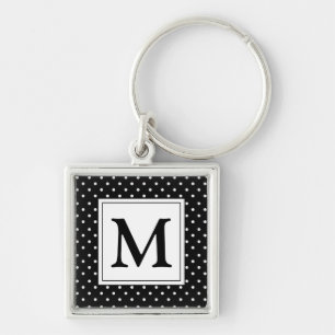 Black and White Polka Dot Modern Monogram Keychain