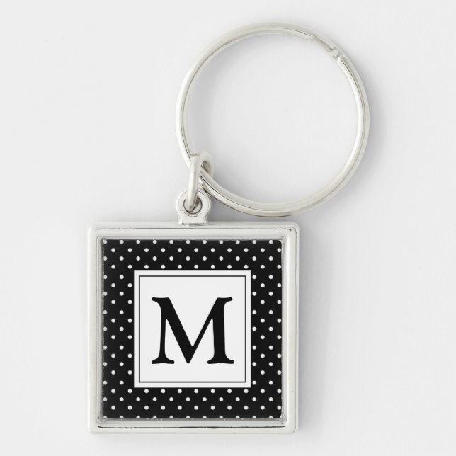Black and White Polka Dot Modern Monogram Keychain (Front)