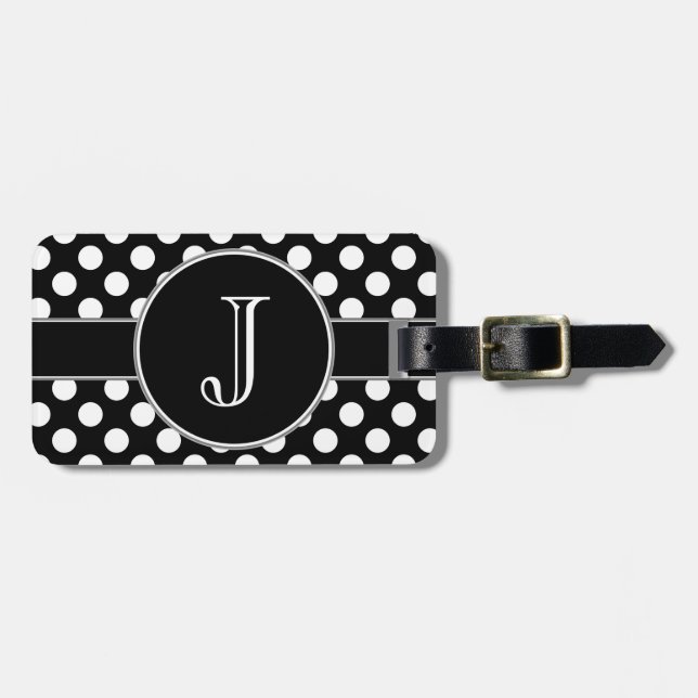 Black and White Polka-Dot Monogrammed Luggage Tag (Front Horizontal)