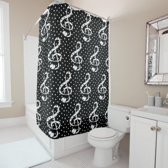Black and white polka dot music note design shower curtain