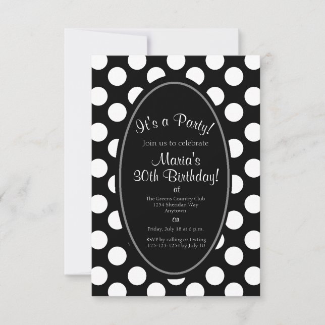 Black and White Polka Dot Party Invitation (Front)