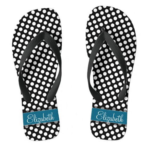 Black and White Polka Dot Pattern Blue Monogram Flip Flops