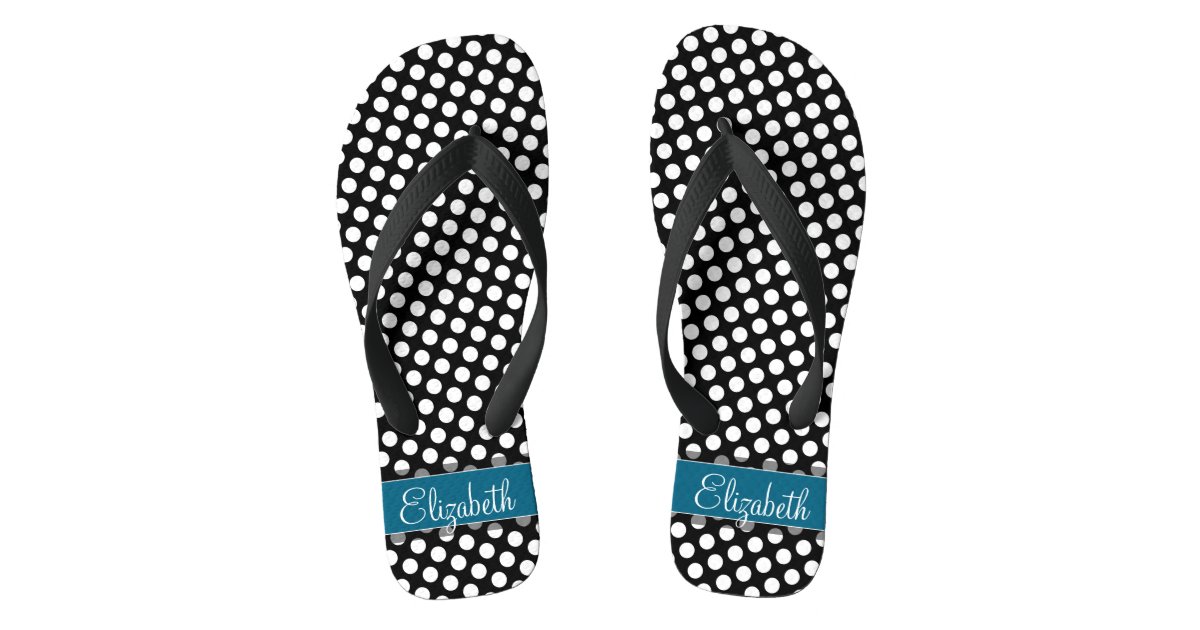 Black and White Polka Dot Pattern Blue Monogram Flip Flops | Zazzle