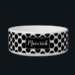 Black and White Polka Dot Pattern Custom Name Bowl<br><div class="desc">Let your pet eat and drink in bold style with this cute pet bowl! Design features a black and white polka dot pattern,  along with a black label where you can personalize with a custom name or phrase.</div>