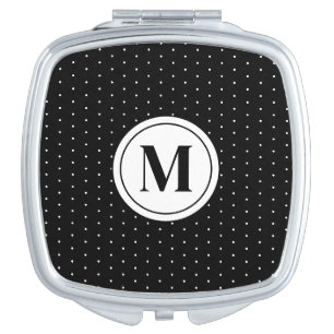Black and White Polka Dot Pattern Monogram Compact Mirror