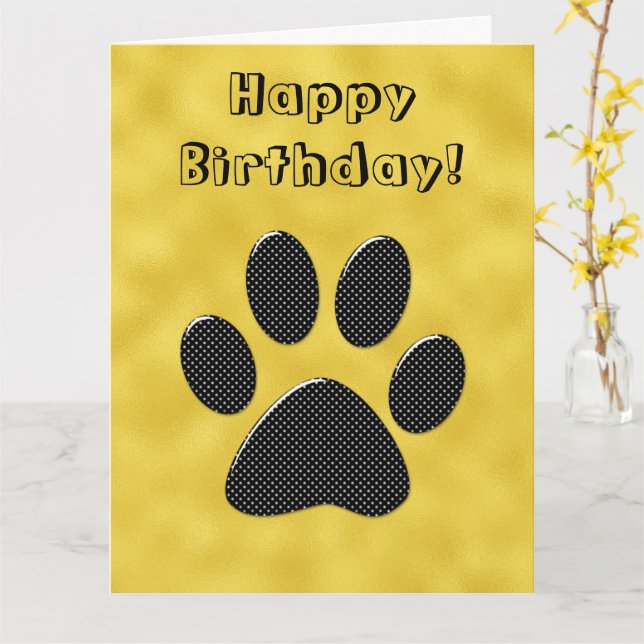 Black and white polka dot paw on shiny gold card (Yellow Flower)