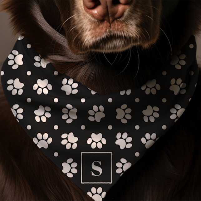 Black And White Polka Dot Paw Print Monogram Dog Bandana (Creator Uploaded)