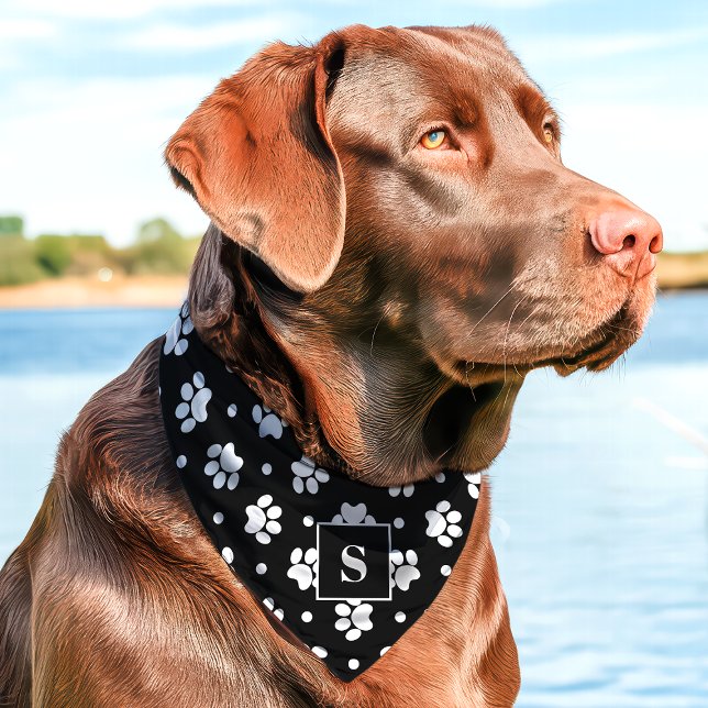 Black And White Polka Dot Paw Print Monogram Pet Bandana Collar (Creator Uploaded)