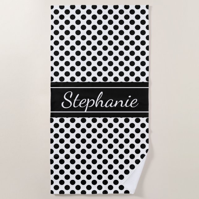 Black and White Polka Dot Personalized Beach Towel (Front)