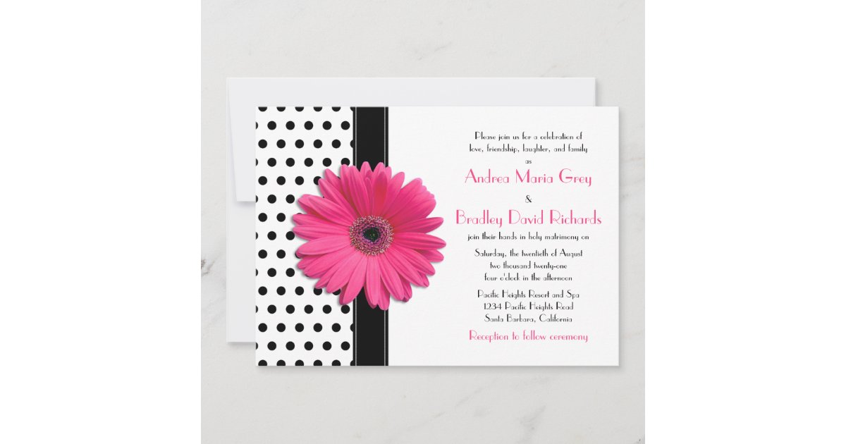 Black and White Polka Dot Pink Daisy Wedding Invitation | Zazzle