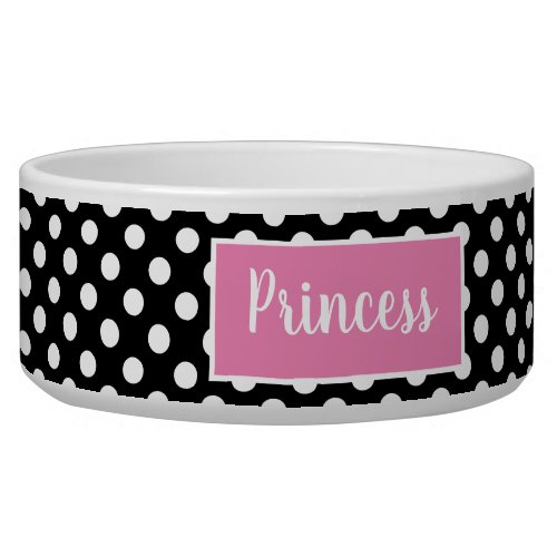 Black and White Polka Dot Pink Name Bowl