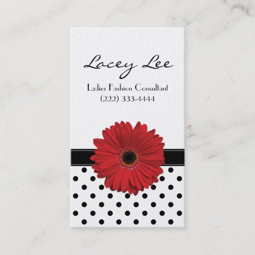 Black and White Polka Dot Red Gerbera Daisy Business Card