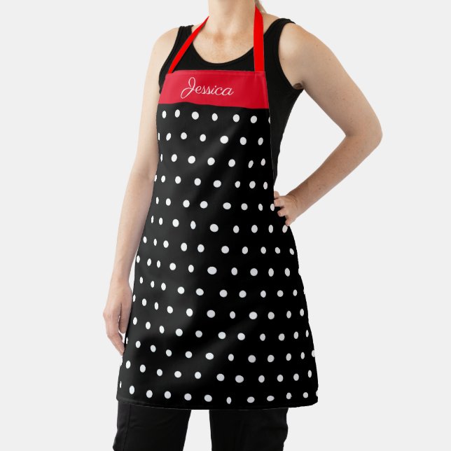 Black and White Polka Dot Red Personalized Name Apron (Insitu)