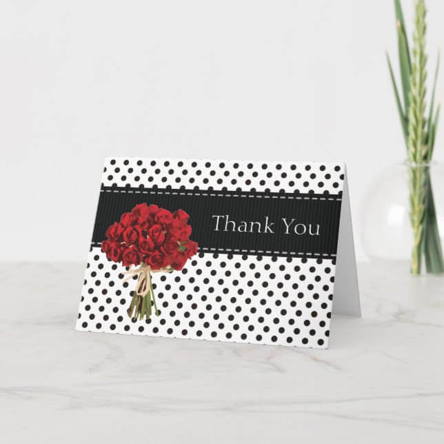 Black and White Polka Dot Red Roses Thank You (Front)