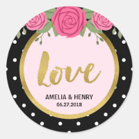 Black and White Polka Dot Roses Wedding Love Classic Round Sticker