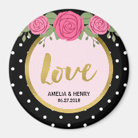 Black and White Polka Dot Roses Wedding Love Magnet