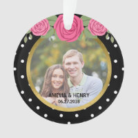 Black and White Polka Dot Roses Wedding Photo Ornament