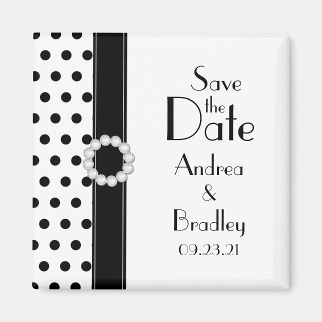 Black and White Polka Dot Save the Date Magnet (Front)