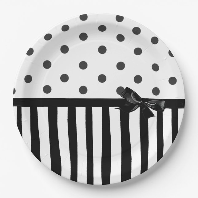 Black and White Polka Dot Striped  Paper Plate (Front)