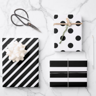 Black and White Polka Dot Striped Wrapping Paper Sheets