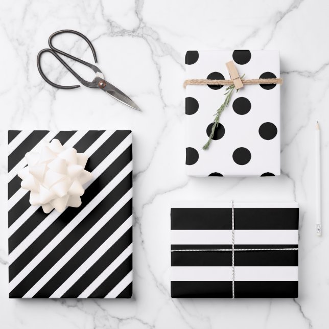 Black and White Polka Dot Striped Wrapping Paper Sheets (Front)