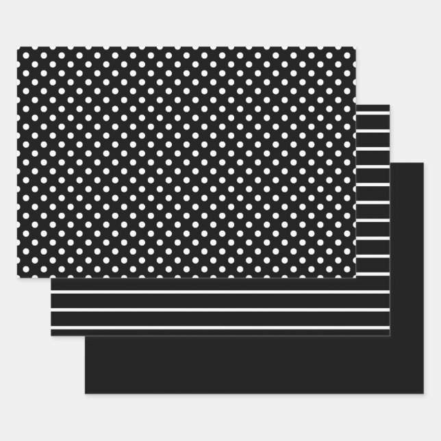 Black and White Polka Dot Stripes Wrapping Paper Sheets (Set)