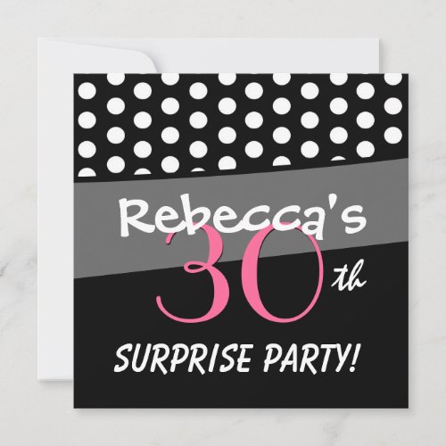 Black and White Polka Dot Surprise Birthday Party Invitation