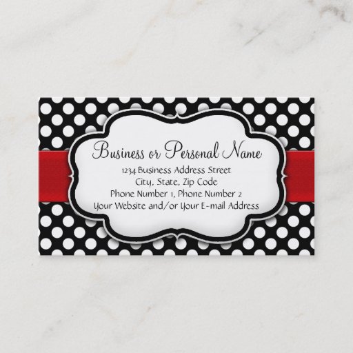 Customizable Black and White Polka Dot w/ Red Ribbon Business Cards