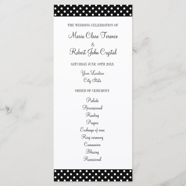 Black and white polka dot wedding ceremony program (Front)