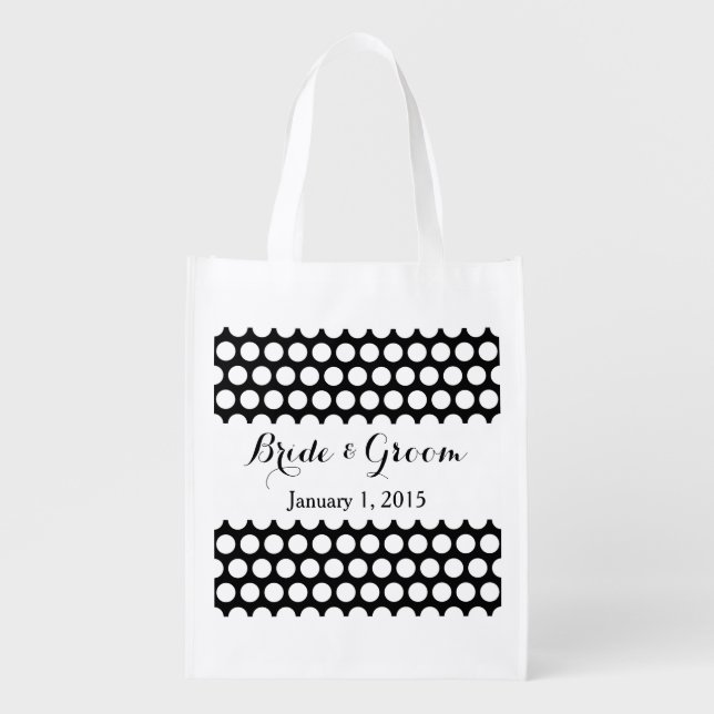 Black and White Polka Dot Wedding Reusable Grocery Bag (Front)