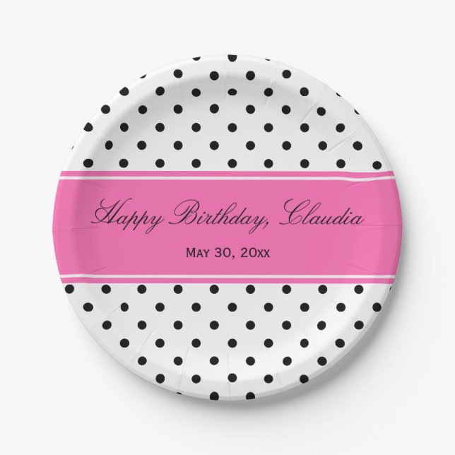 Black and White Polka Dot with Hot Pink Birthday Paper Plates (Front)
