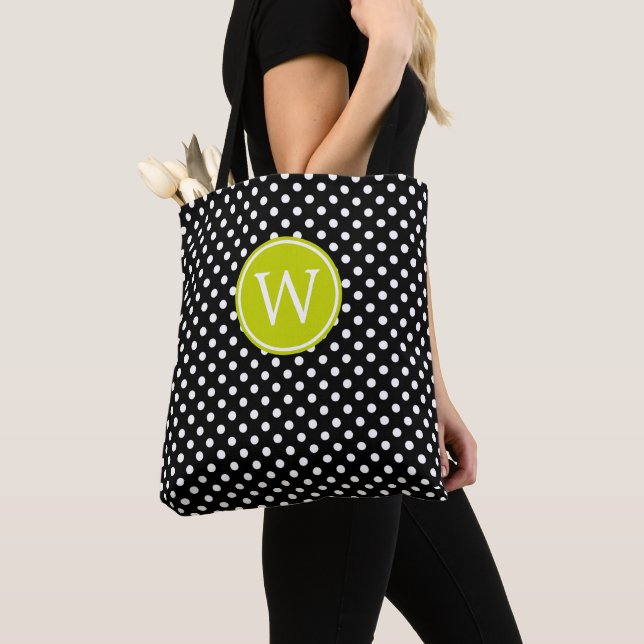 Black and White Polka Dot With Lime Green Monogram Tote Bag (Close Up)