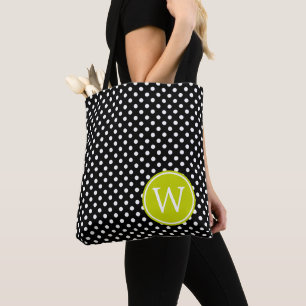 Black and White Polka Dot With Lime Green Monogram Tote Bag