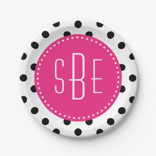 Black and white polka dot with pink monogram paper plates