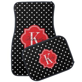 Black And White Polka Dot With Red Monogram Car Mat by PastelCrown at Zazzle