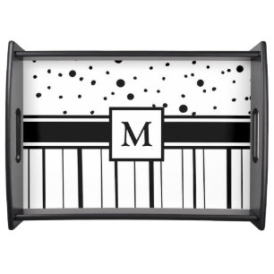 Black and White Polka Dots and Stripes Monogrammed Serving Tray