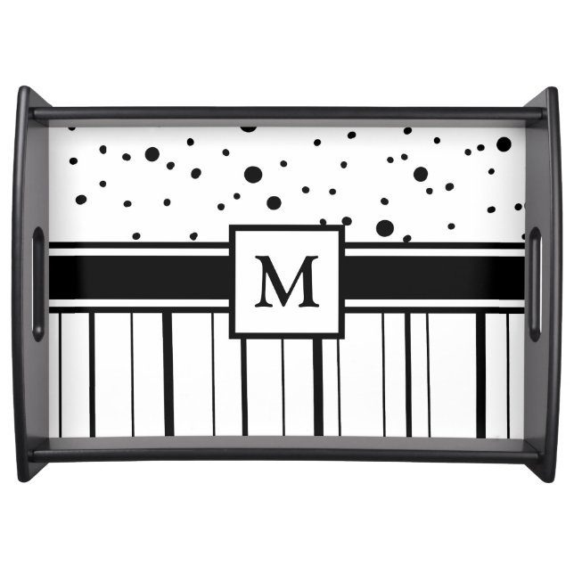Black and White Polka Dots and Stripes Monogrammed Serving Tray (Front)