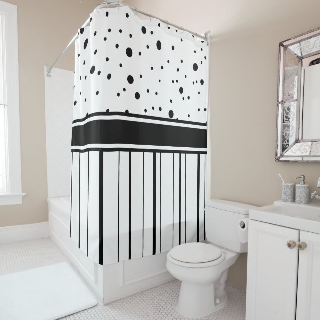 Black and White Polka Dots and Stripes Shower Curtain (In Situ)