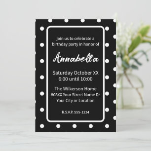 Black and White Polka Dots Birthday Party Invitation