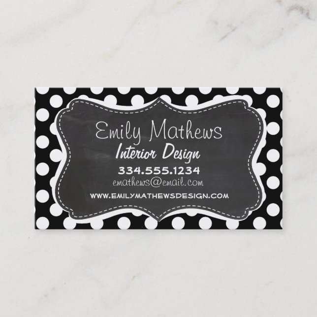 Black and White Polka Dots; Chalkboard look Business Card (Front)