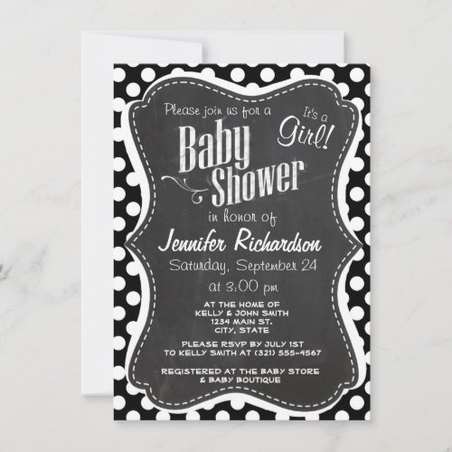 Black and White Polka Dots Chalkboard look Invitation