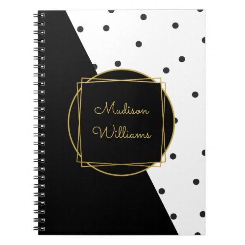 Black and White Polka Dots Color Block with Name Notebook