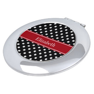Black and White Polka Dots Cranberry Name Monogram Mirror For Makeup