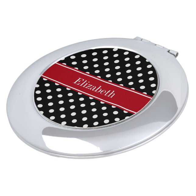 Black and White Polka Dots Cranberry Name Monogram Mirror For Makeup (Turned)